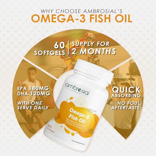 Ambrosial Omega 3 Fish Oil - 1000 mg with 180 mg EPA & 120 mg DHA - 60 Softgels