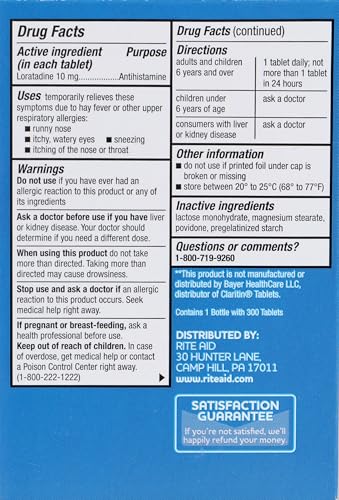 Rite Aid Loratadine 10mg 24-Hour Non-Drowsy Allergy Tablets (300 Count)