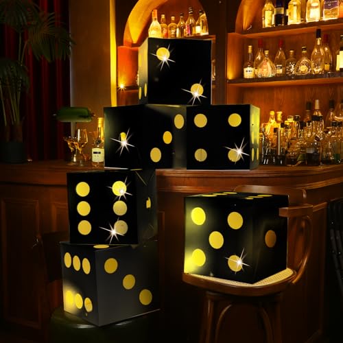 6 Pcs Large Dice Favor Boxes with LED Lights - Casino Party Decorations - Black 11.8 Inch