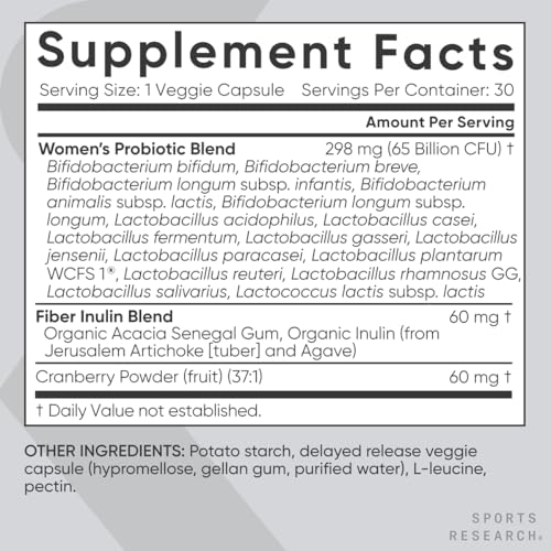 Sports Research Probiotics with Prebiotics & Cranberry - Women's Probiotic Blend 65 Billion CFU | Gluten Free, Non-GMO, Vegan Certified | 30 Delayed-Release Veggie Caps