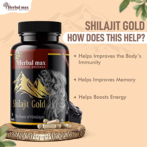 Herbal Max Himalayan Shilajit Gold Extract 800mg 30 Capsules Pack of 3