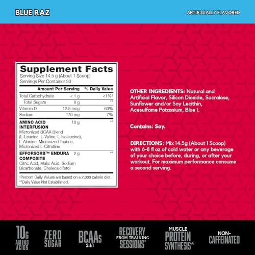 BSN AMINOx Effervescent Amino Acid Powder - Energy, Endurance & Recovery (Blue Raz, 435g)