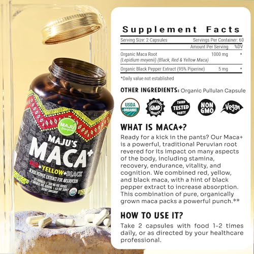 Maju Superfoods 4-in-1 Maca Root Capsules, Organic Peru Product with Black Pepper Extract for Enhanced Absorption, 60000mg Supplement (120 ct)