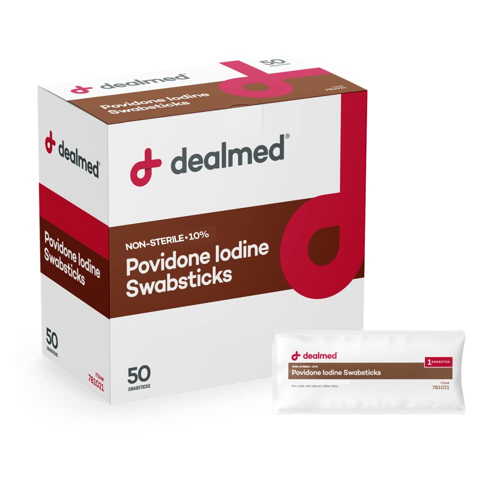 Dealmed Povidone Iodine 10% Antiseptic Swabsticks for Wound Care (50 Ct)