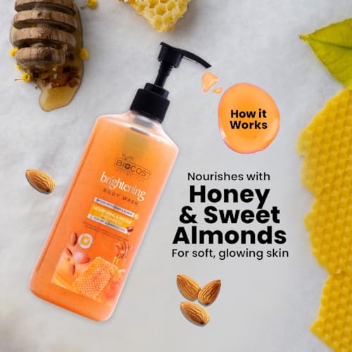 BIOCOS Brightening Body Wash Shower Gel - Hydrating Honey & Sweet Almond - 500ml (Pack of 2)