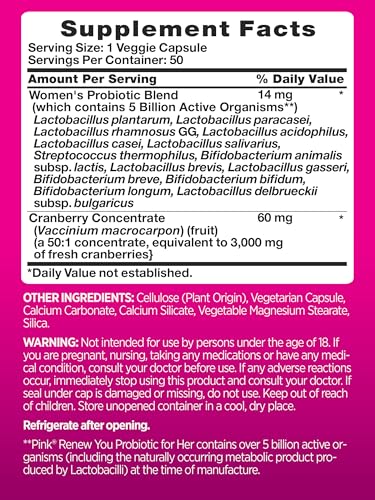 Pink Probiotics for Women - 5 Billion CFU with Cranberry - Women's Digestive & Immune Support - 50 Capsules