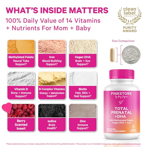 Pink Stork Total Prenatal Vitamins with DHA, Folate, Iron, Choline & B12 (60 Capsules)