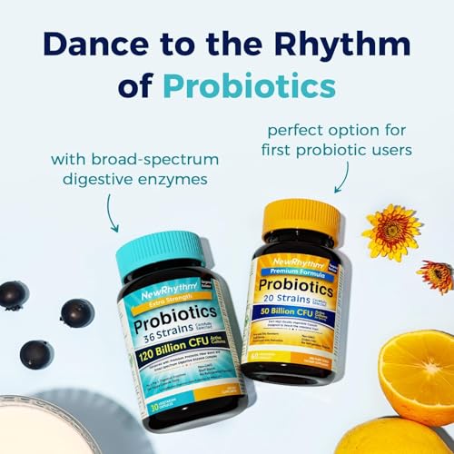 NewRhythm Extra Strength Probiotics 120 Billion CFU - 36 Strains with Prebiotics & Enzymes, Targeted Release