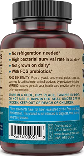 Deva Vegan Probiotic with FOS Prebiotics Supplement | 2 Billion CFU, 100 mg Prebiotics, Non-Dairy