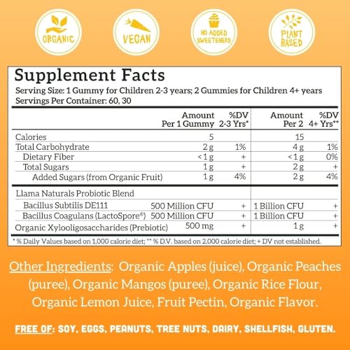 Llama Naturals Kids Prebiotic & Probiotic Gummies - Peach Mango, 60 Count, Vegan & Organic