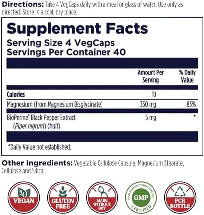 KAL, Magnesium Glycinate Fully Chelated High Absorption Formula for Stress Relaxation Muscle & Bone Health Support, 240 Count