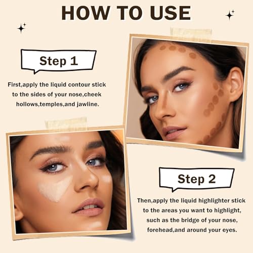 ALMEKAQUZ 2pcs Liquid Contour Stick and Highlighter Makeup Stick | Warm Toned Bronzer for Hydrating, Nourishing Glow