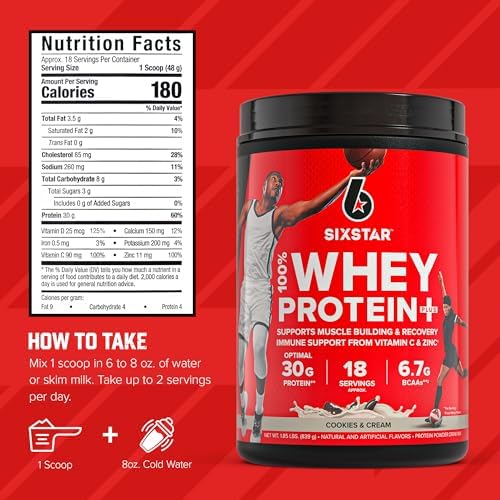 Six Star Whey Protein Powder Plus - Muscle Building & Recovery Formula with Whey Isolate Powder, BCAAs, 30g Protein, Immune Support - Post-Workout Supplement - Cookies and Cream, 1.8 lbs