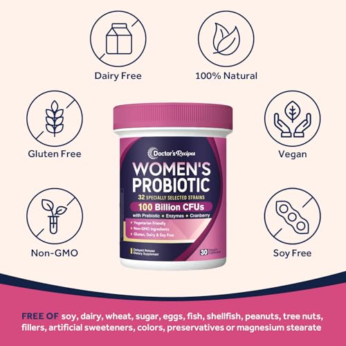Doctor's Recipes Probiotics for Women - 100 Billion CFU 32 Strains with Prebiotic Fiber, Enzymes & Cranberry | Urinary Digestive & Immune Support | 30 Capsules