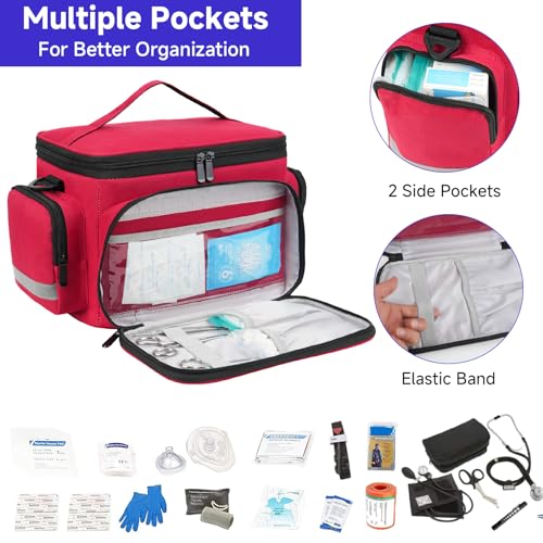 Premium Medical Bag with Detachable Divider - First Aid Nurse Tote for Home Healthcare, Students & Professionals - Red