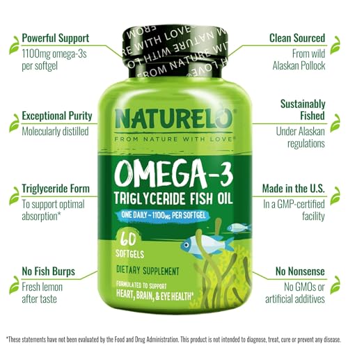 NATURELO High Strength Omega-3 Fish Oil 1100 mg DHA EPA - Lemon Flavor 60 Softgels