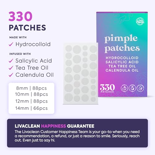 LivaClean 330 CT Pimple Patches with Salicylic Acid, Tea Tree Oil & Calendula Oil - Four Sizes