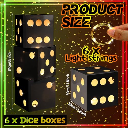 6 Pcs Large Dice Favor Boxes with LED Lights - Casino Party Decorations - Black 11.8 Inch