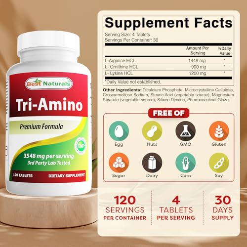 Best Naturals Tri-Amino Complex: L-Arginine, L-Ornithine, L-Lysine - 120 Tablets