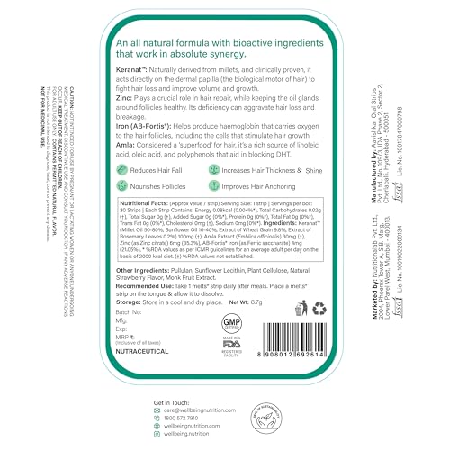 Wellbeing Nutrition Melts Hair Fall Control: Keranat & Zinc for Hair Anchoring & Volume (30 Oral Strips)
