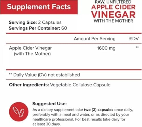 Apple Cider Vinegar Capsules with The Mother - 120 Vegan ACV Pills - Best Supplement for Healthy Weight Loss, Diet, Keto, Digestion, Detox, Immune - Powerful Cleanser & Appetite Suppressant Non-GMO