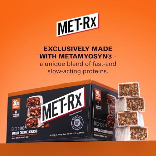 MET-Rx Big 100 Protein Meal Replacement Bar, Vanilla Caramel Churro, 9-Count