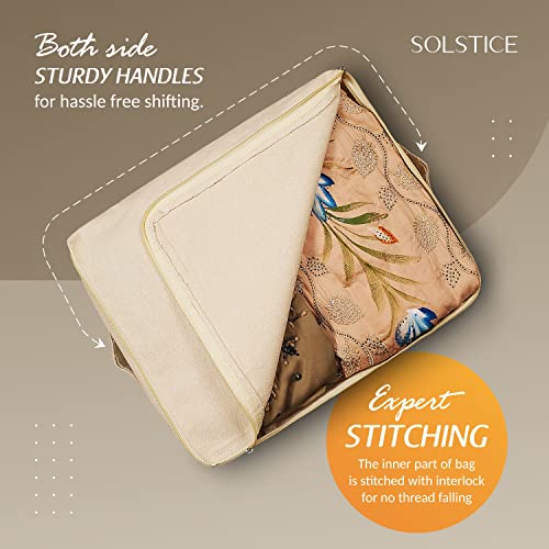 SOLSTICE Cotton Canvas Clothes Storage Bags with Zipper - Set of 3 Large 17x14x7 Inch for Sarees, Lehengas & Dresses
