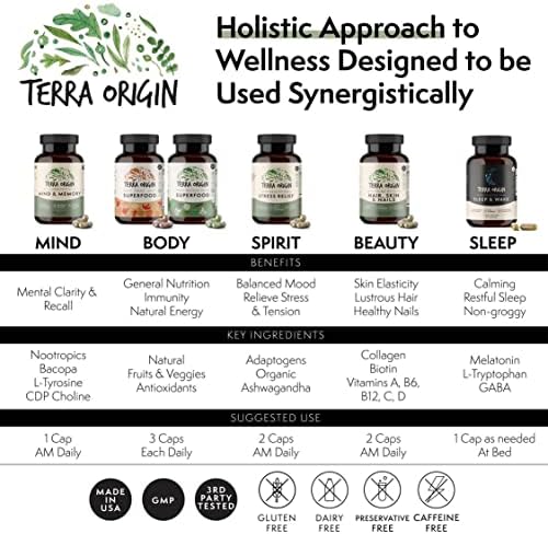 TERRA ORIGIN Sleep, GABA, Chamomile, Valerian, PassionFlower| Healthy Sleep & Wake. Restful Sleep and Awake Refreshed. Non-GMO, Vegan, Gluten Free | 5mg Melatonin, L-Tryptophan - 60 Capsules