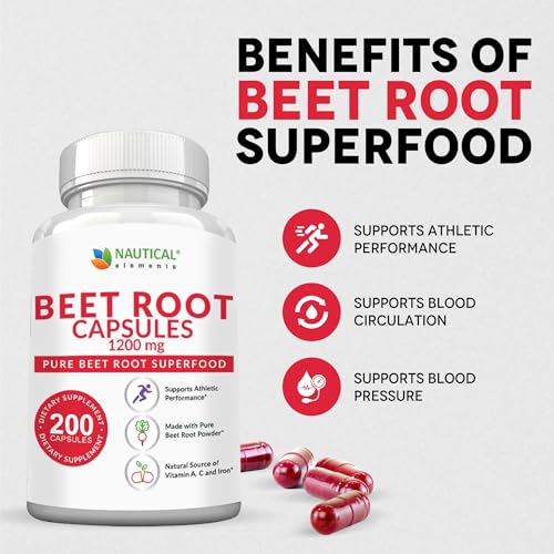 Beet Root Capsules - 1200mg Per Serving - 200 Beet Root Powder Capsules - Supports Blood Pressure, Athletic Performance, Digestive & Immune Health (Pure, Non-GMO & Gluten Free)