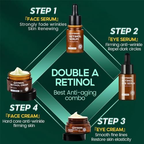 Retinol Face Cream & Serum Set - Anti-Aging, Firming, Moisturizing - 4pcs Combination for Fine Lines & Deep Care