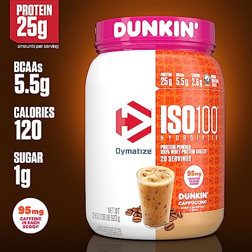 Dymatize ISO100 Hydrolyzed Whey Isolate Protein Powder - Dunkin' Cappuccino - 25g Protein, 95mg Caffeine, 5.5g BCAAs - 21.5 Oz