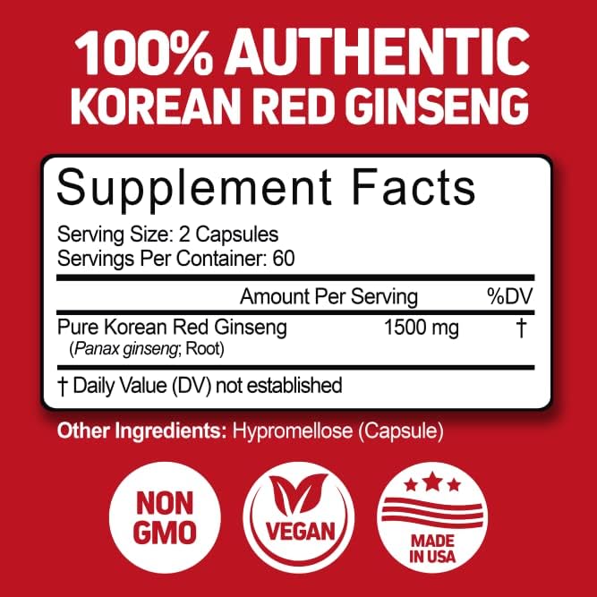 High Strength Korean Red Panax Ginseng Capsules | 1500 mg | 120 Vegan Pills