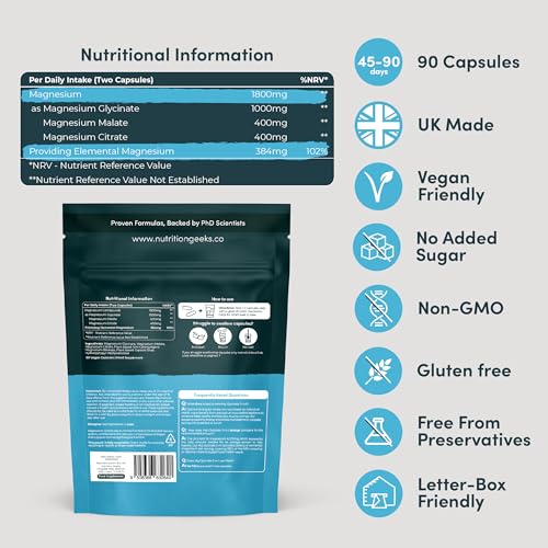 Triple Absorption Magnesium Complex: Glycinate, Citrate & Malate 1800mg - 90 Vegan Capsules (UK Made)