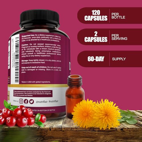NutriFlair D-Mannose 1200mg - 120 Capsules with Cranberry & Dandelion Extract for Urinary Tract Health & UTI Support