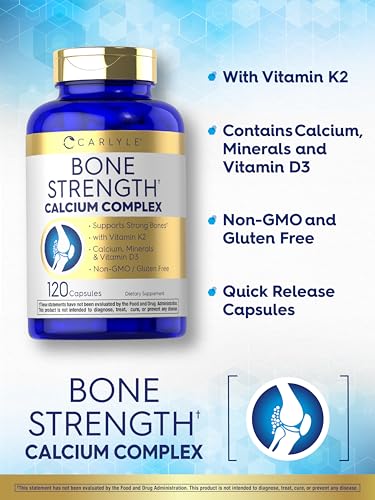 Carlyle Bone Strength Calcium Complex - with Vitamin D3, Magnesium, K2, Zinc & Boron - 120 Capsules | Non-GMO, Gluten Free
