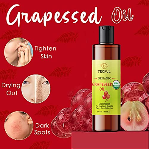 Organic Grapeseed Oil - 100% Pure Cold Pressed Natural Grape Seed Oil For Skin Face Body Hair Massage Anti-aging - Normal and Oily Skin (100ml)