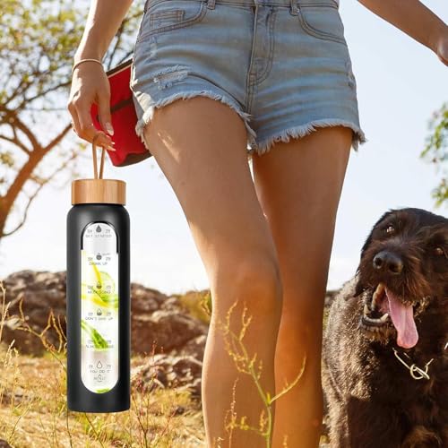 1000ml Glass Water Bottle with Time Marker - Borosilicate BPA-Free Bottle with Silicone Sleeve & Bamboo Lid