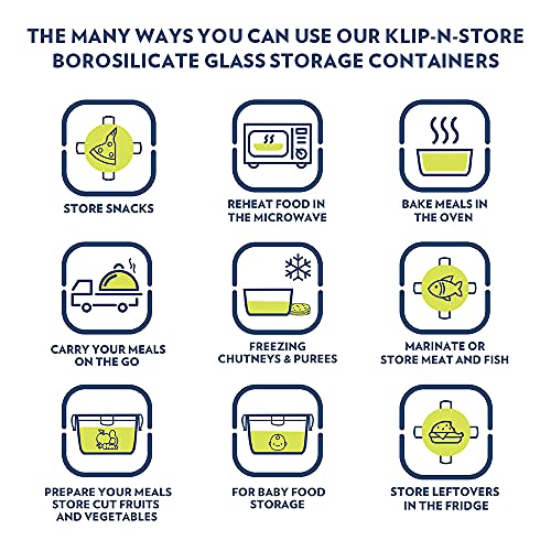 BOROSIL KLIP-N-STORE 520ML Square Glass Food Storage Container with Airtight Lid