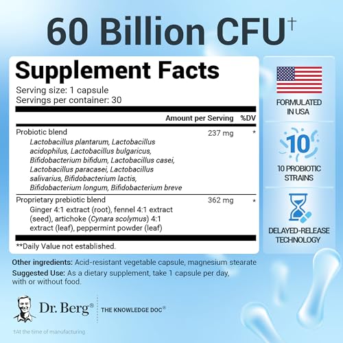 Dr. Berg's Probiotic Capsules - 60 Billion CFU with 10 Strains & Prebiotics - Digestive Health Support - 30 Capsules