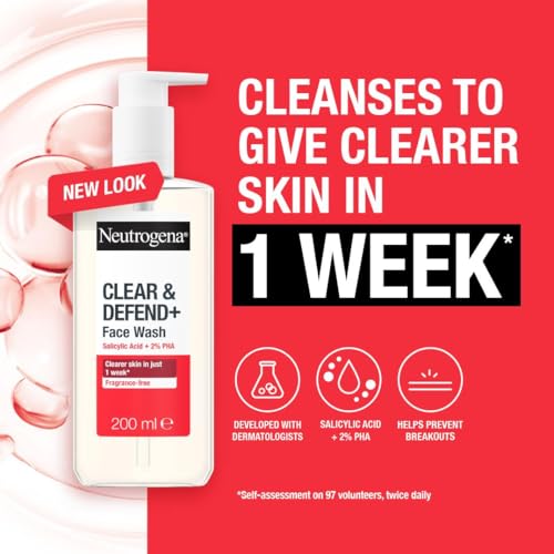 Neutrogena Clear & Defend+ Face Wash - Purifying Facial Wash for Acne-Prone Skin with Salicylic Acid and AHA/PHA - 200ml