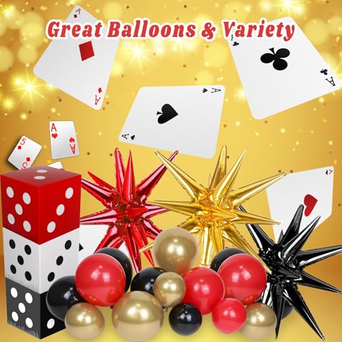Casino Balloon Arch Kit with Red Black & Gold Balloons, Dice Boxes, Poker Cards - Casino Night Party Decor