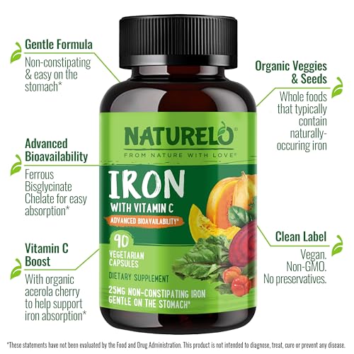 NATURELO Vegan Iron Supplement with Whole Food Vitamin C - 90 Mini Capsules