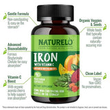 NATURELO Vegan Iron Supplement with Whole Food Vitamin C - 90 Mini Capsules
