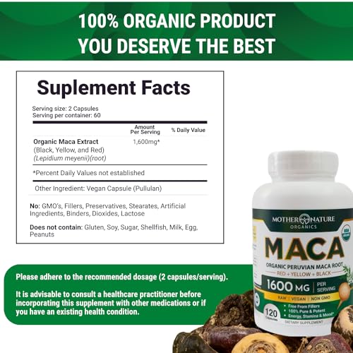 Mother Nature USDA Organic Maca Root Capsules 1600mg - Vegan, Raw Peruvian Maca Supplement for Stamina, Hormonal Balance & Well-Being - Non-GMO - Reproductive Health (120ct)