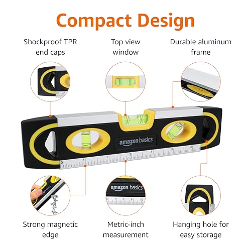 Amazon Basics Magnetic Torpedo Level and Ruler - 17.78 CM with Multiple Angle Bubbles