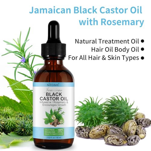 NIFEISHI Organic Castor Oil, Pure Natural Jamaican Black Castor Oil Infused with Rosemary, Cold Pressed Glass Bottles, Boost Hair Growth for Thicker, Fuller Hair, Eyelashes & Eyebrows 2.02 fl oz