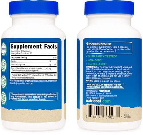 Nutricost Lion's Mane Mushroom Capsules - Organic, Gluten-Free, 2100mg, 30 Servings
