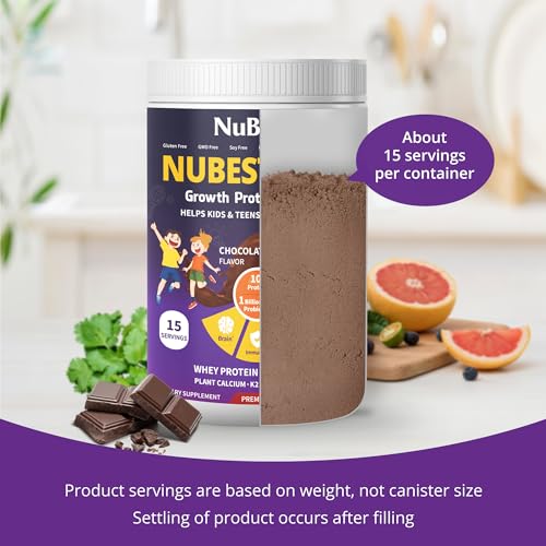 NuBest Tall Protein Powder for Kids & Teens - Chocolate Whey Protein with Probiotics, Omega 3-6-9, Vitamin D3 + K2 - 15 Servings