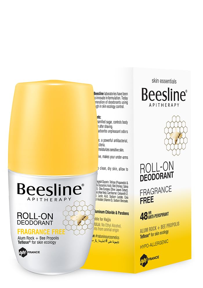 Beeesline Roll-On Deodorant - Sensitive Skin Safe, Fragrance-Free, 48H Natural Protection with Alum Crystal, 50ml