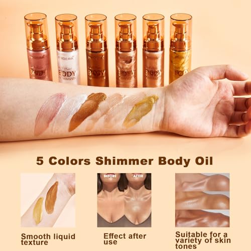 Hilareco PHOERA Body Shimmer Oil - Rose Gold Glow Highlighter with Makeup Brush